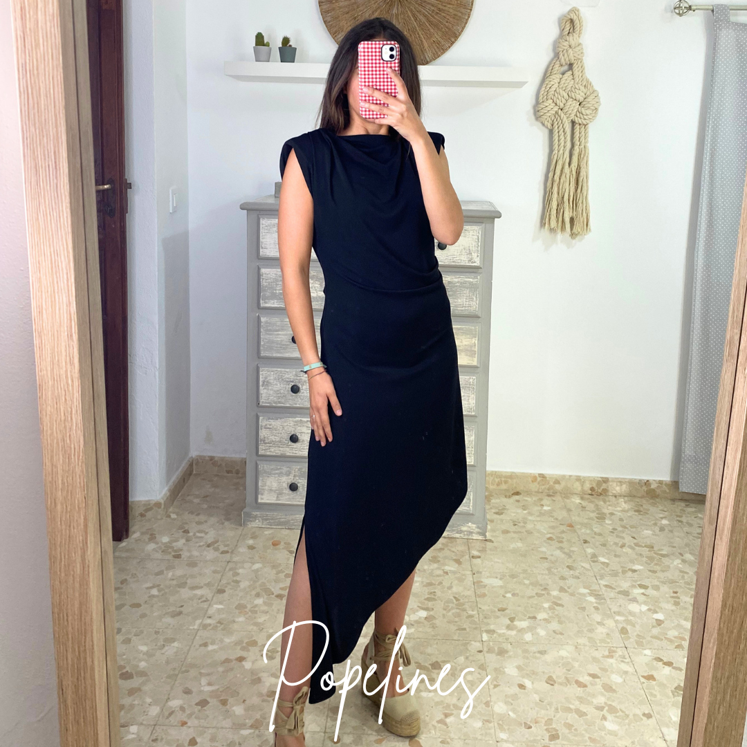 Vestido asimétrico frunce negro