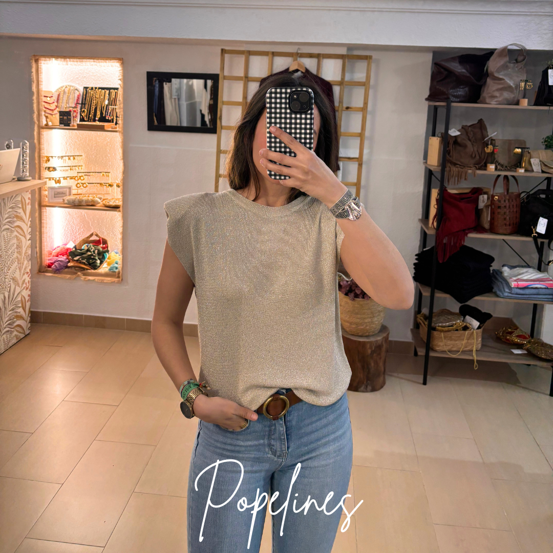 Camiseta hombrera metalizada beige