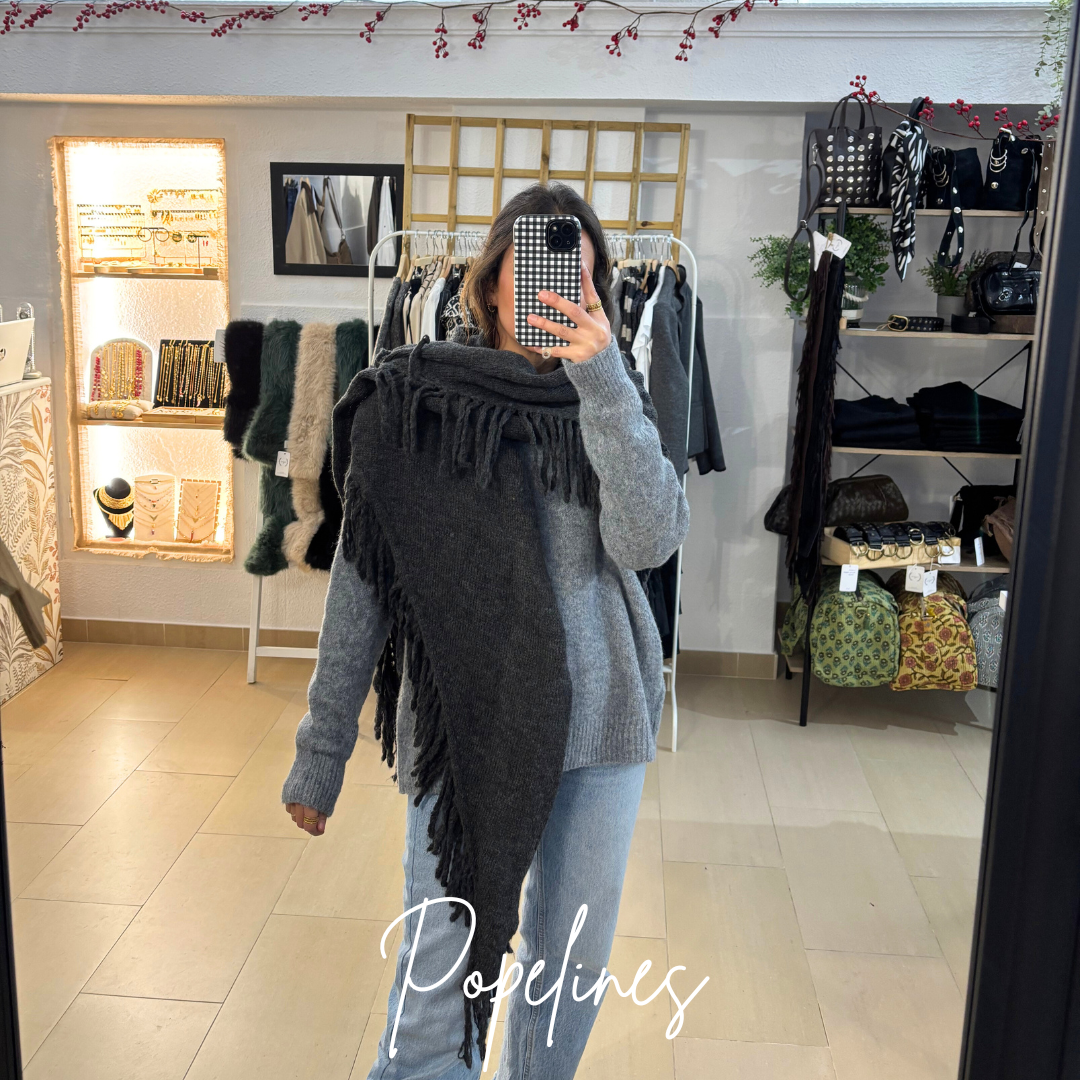 Capa lana flecos gris oscuro