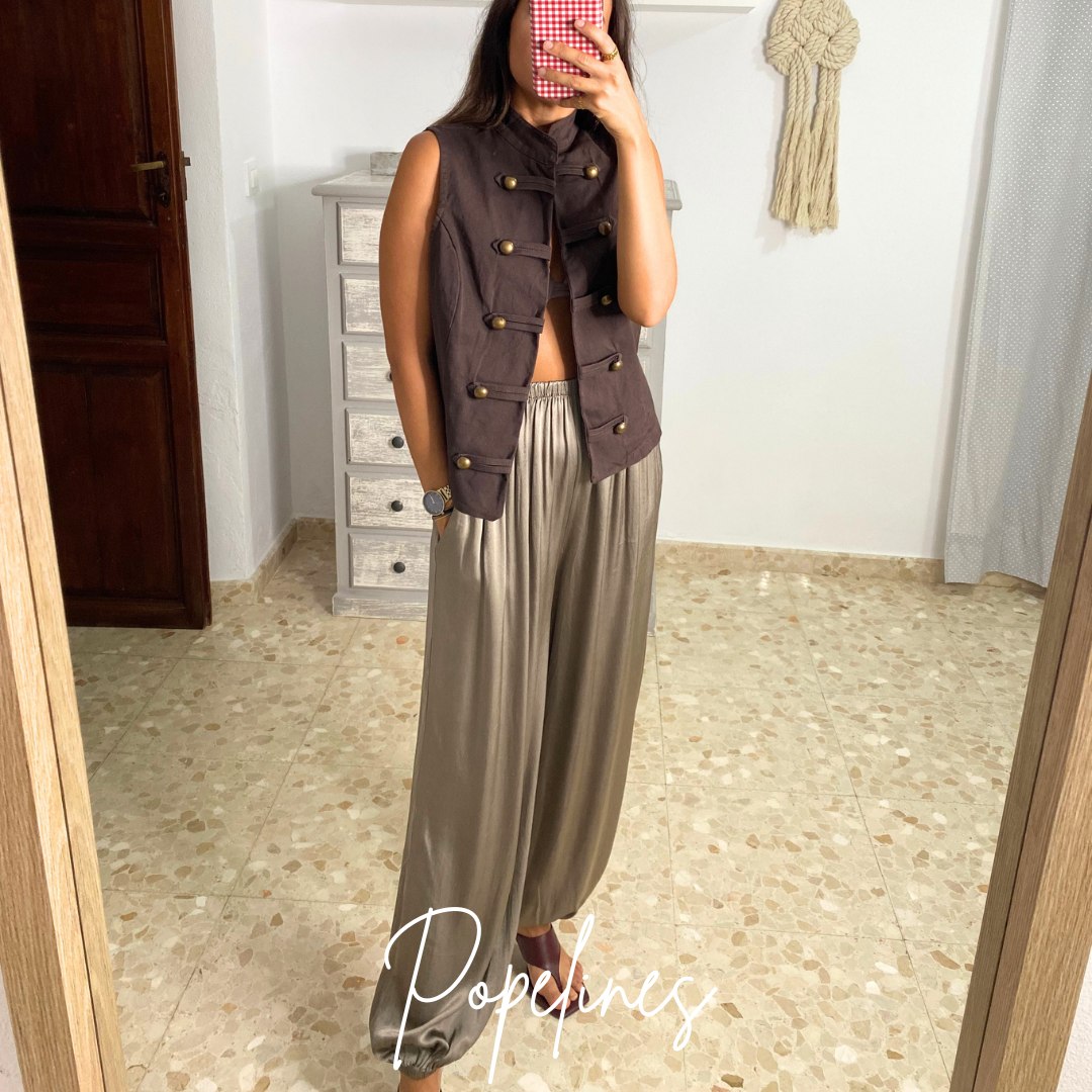 Pantalón bombacho satinado topo