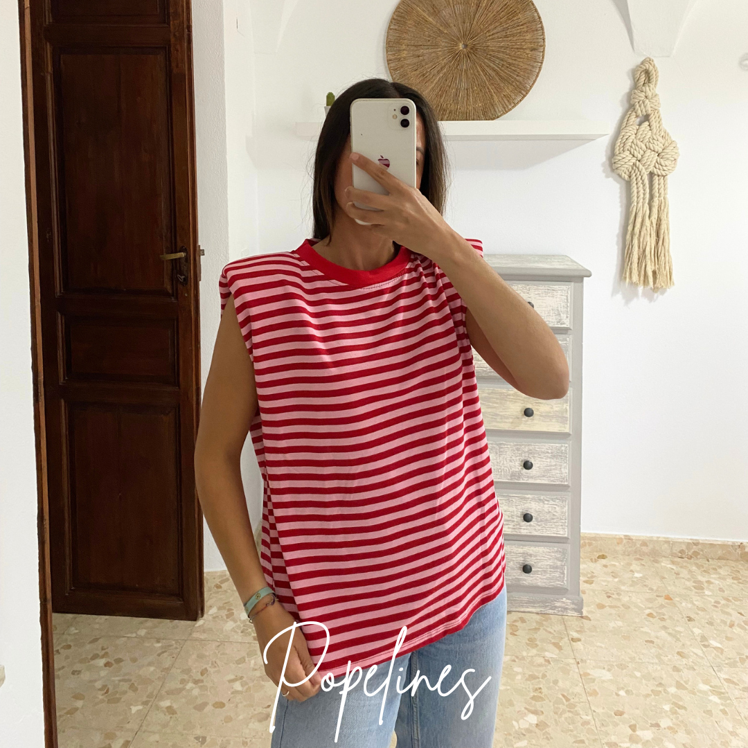 Camiseta listas rosa roja