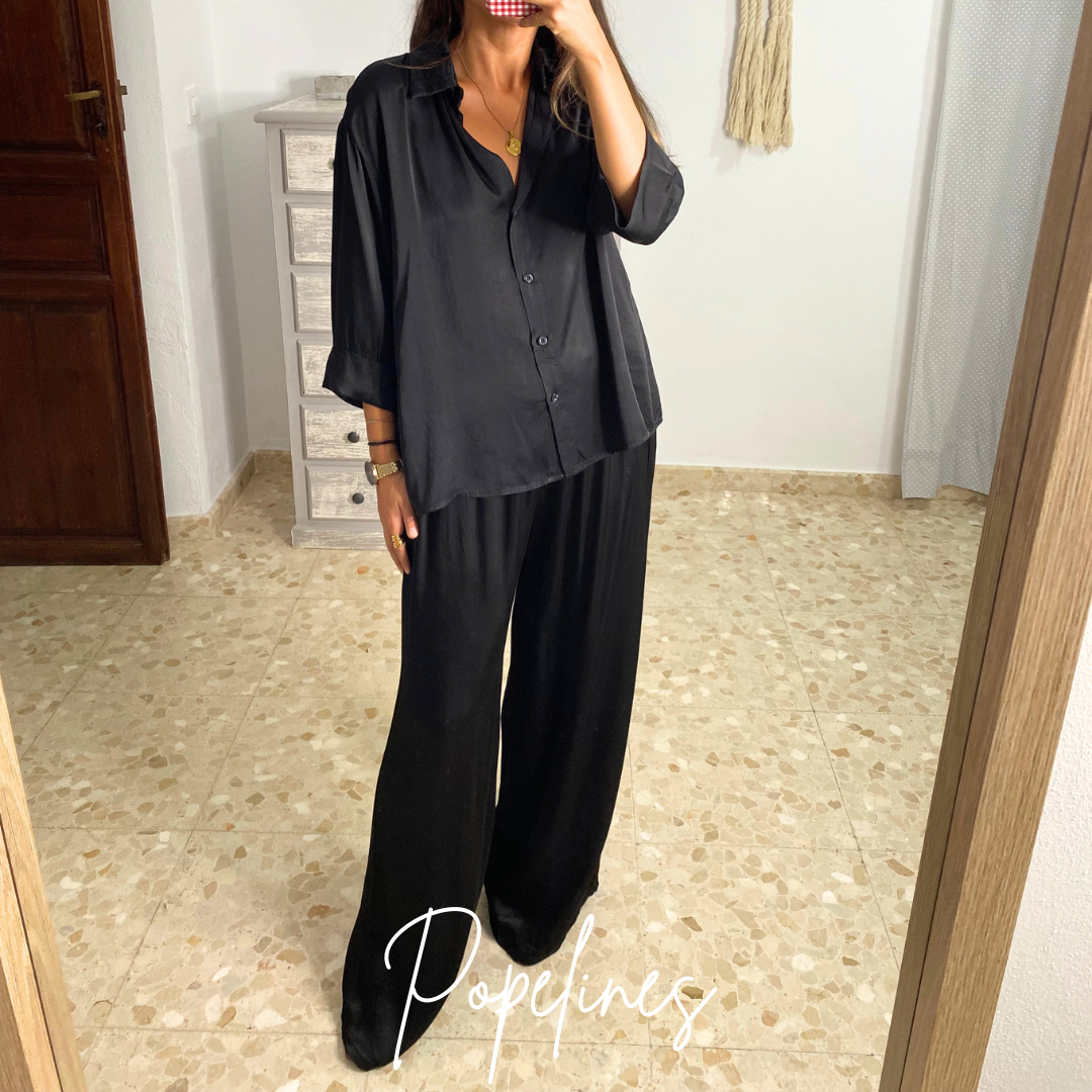 Pantalón recto satinado negro